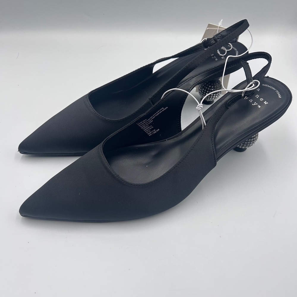 A New Day Womens Black Slingback Pointed Toe Rhinestone Orb Kitten Heel 8.5 NEW